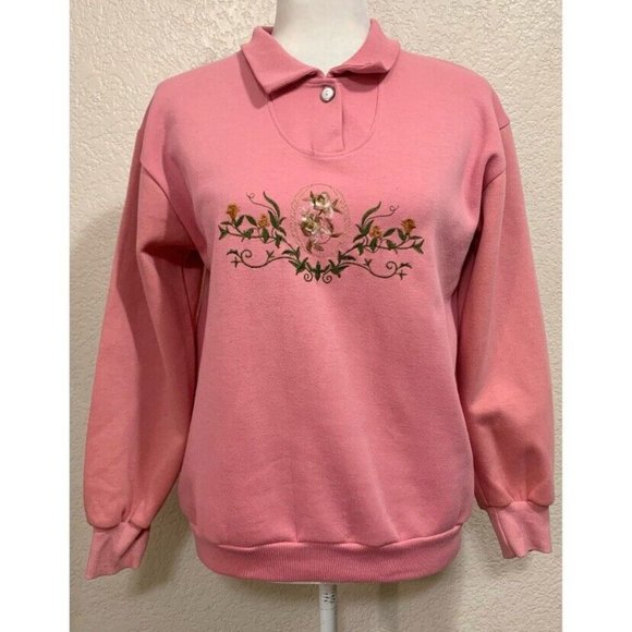 Vintage Sweaters - Abita Vintage 80s Pink Collared Pullover Sweatshirt